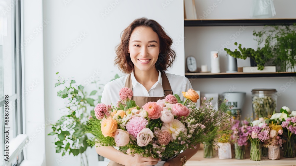 The young woman, who is a florist, has a bouquet that is isolated against a white studio background