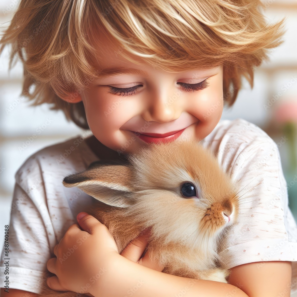Adorable little child boy playing with a funny real bunny in a white sunny room Adorable little child boy playing with a funny real bunny in a white sunny room