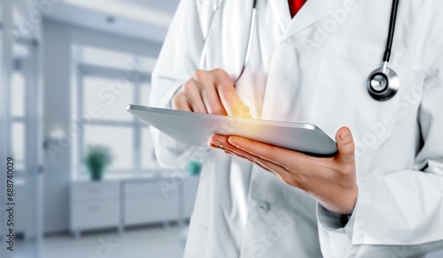 Medicine doctor touching digital tablet for futuristic concept.