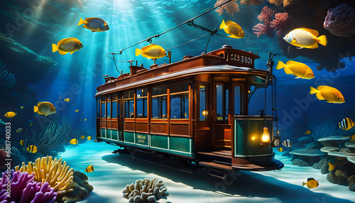 A vintage tram floats underwater among the Great Barrier Reef, tropical fish swim around, fantastic illustration