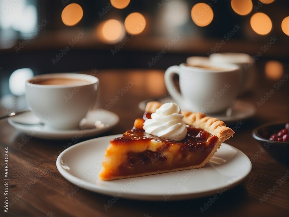 a slice of pie on a plate in a coffee shop with relaxing decoration
a slice of pie on a plate in a coffee shop with relaxing decoration
