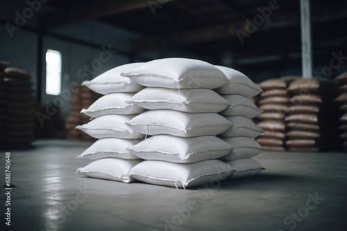 Stacked white sacks in a warehouse. Concept of storage and logistics.