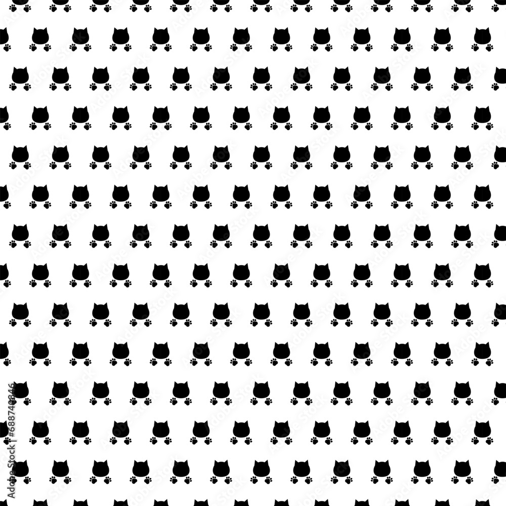 Seamless pattern with the image of a cat's muzzle and paws on a white background. Vector illustration