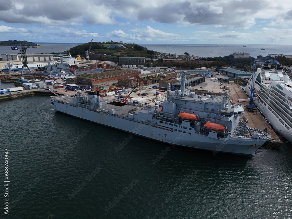 RFA Argus (A135) docked at Falmouth dockyard drone,aerial