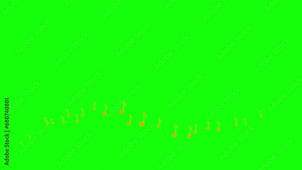 Animated orange notes fly from left to right. A wave of flying notes. Concept of music. Vector illustration isolated on the green background. Animated orange notes fly from left to right. A wave of flying notes. Concept of music. Vector illustration isolated on the green background.
