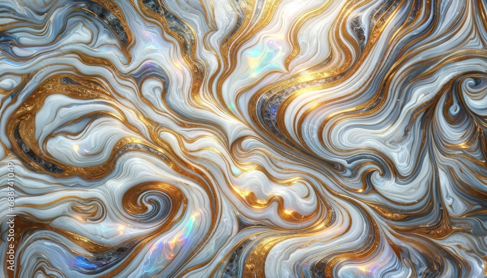 Intricate details of opalescent hues intertwined with golden and white veins in a marble texture. Intricate details of opalescent hues intertwined with golden and white veins in a marble texture.