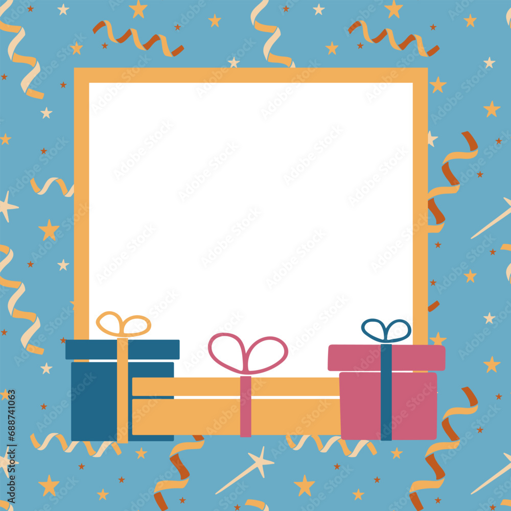 Vector celebrating holiday frame template with gift boxes. Golden stars with confetti on blue background. Square composition. Good for social media, background, post, greeting card.