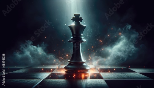 A chess king piece on a board, surrounded by a dramatic play of glowing embers and mysterious mist. 
