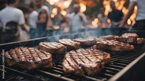 close-up of fried steaks on the barbecue, blurred image of people having fun together in the background 
