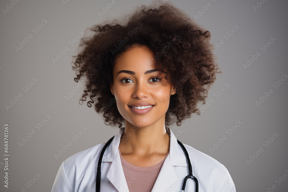 Portrait of a young woman doctor, closeup of a smiling Afro American physician wearing medical stethoscope and coat Portrait of a young woman doctor, closeup of a smiling Afro American physician wearing medical stethoscope and coat