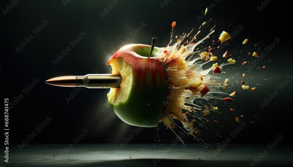 An impactful high speed photo capturing a bullet without a shell casing as it pierces through an apple. - obrazy, fototapety, plakaty 