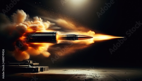  A high-speed bullet mid-flight, leaving a trail of smoke behind.