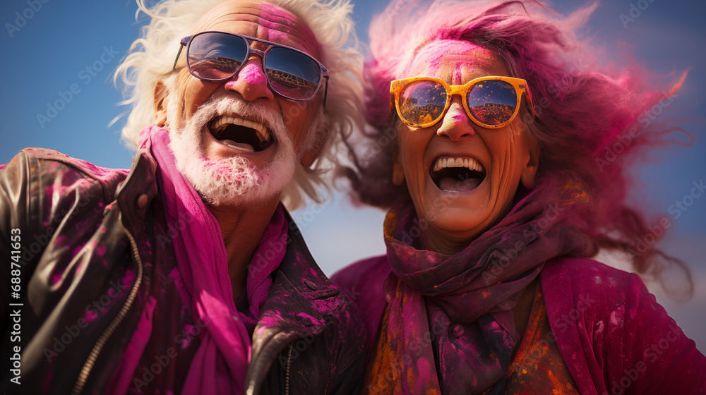 Happy, laughing senior couple celebrating Holi in India. Active age concept