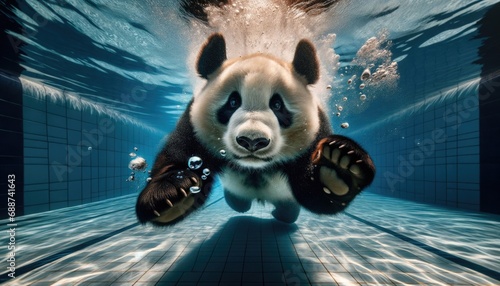 A rare and enchanting image of a panda swimming underwater towards the viewer, its paws stretched forward among a dance of bubbles, and its face gently distorted by the water's surface.