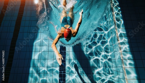A top down view of a swimmer, mid-stroke in the serene waters of a swimming pool. 