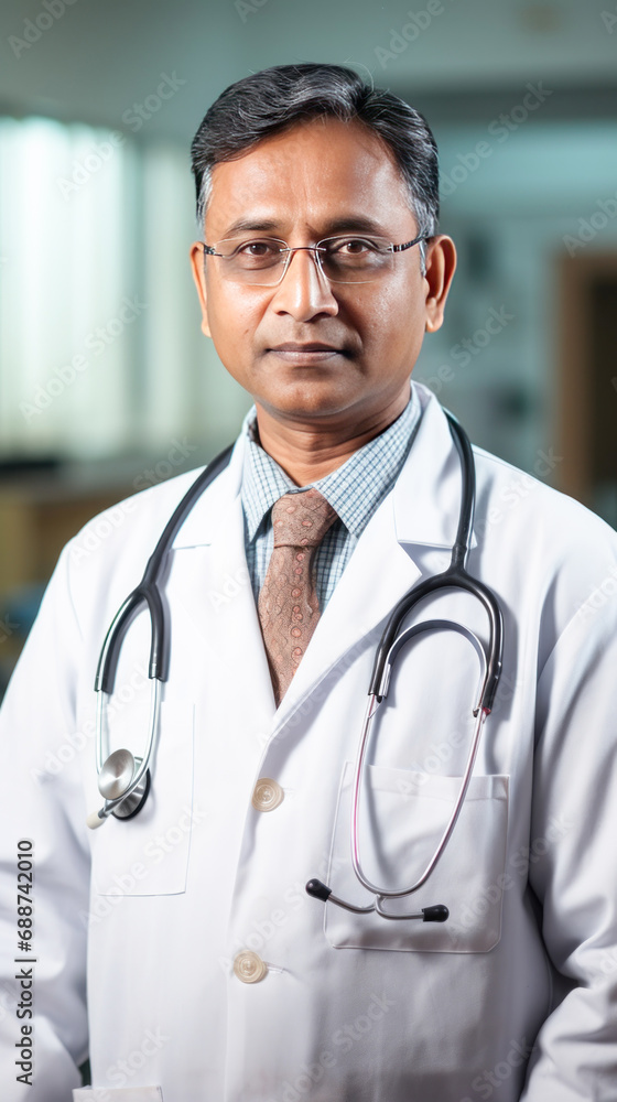 Senior indian male doctor standing at hospital Senior indian male doctor standing at hospital