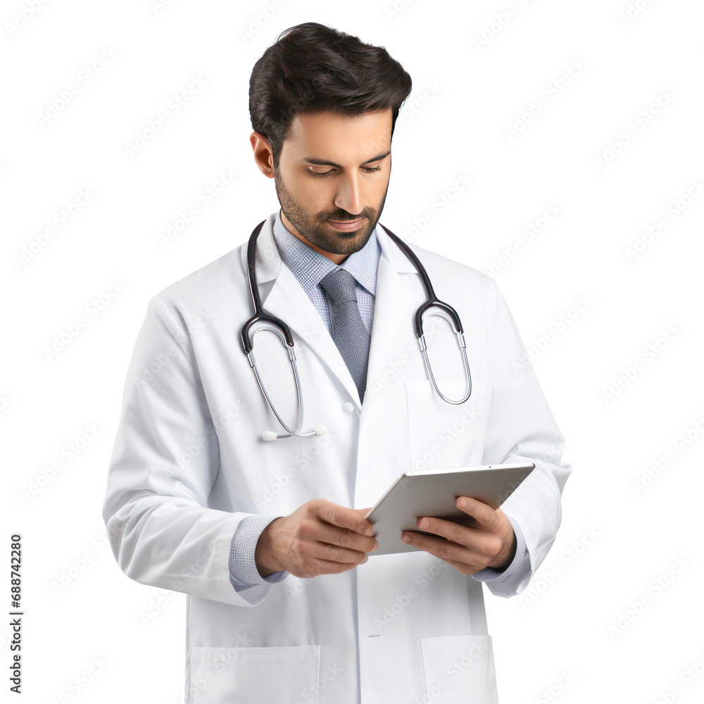 Young male doctor watching medical report on digital tablets Young male doctor watching medical report on digital tablets