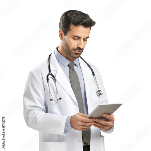 Young male doctor watching medical report on digital tablets photo