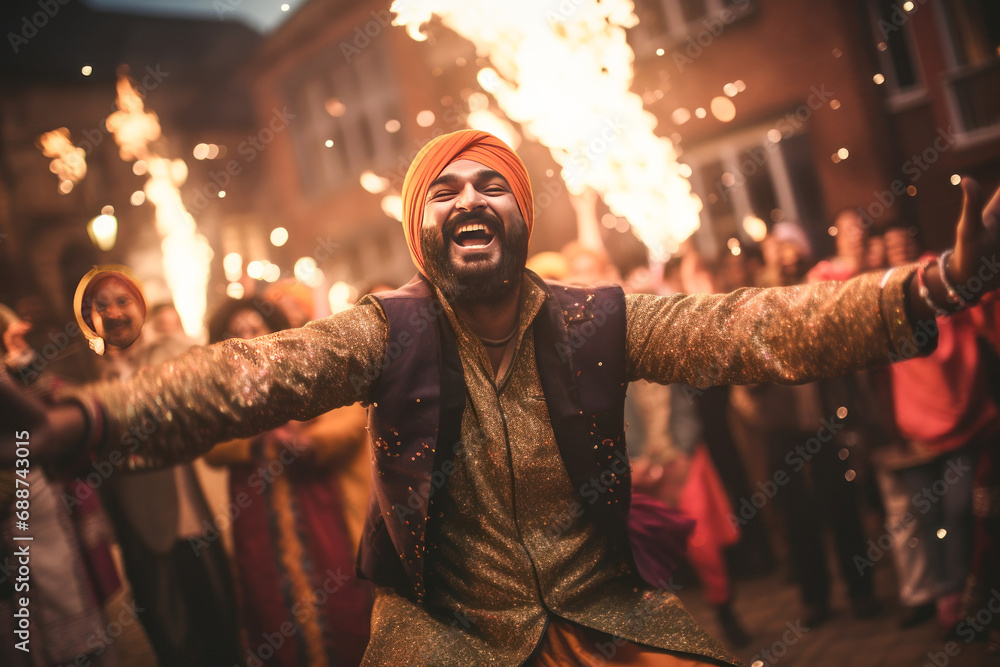 Punjabi religious people performing bhangra dance, celebrating lohri festival - obrazy, fototapety, plakaty 