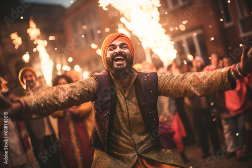 Punjabi religious people performing bhangra dance, celebrating lohri festival photo