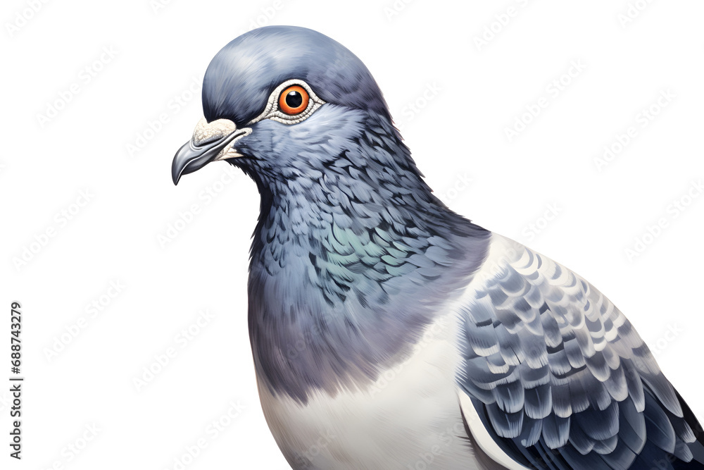 Close-up of pigeon head with detailed plumage on white background Close-up of pigeon head with detailed plumage on white background