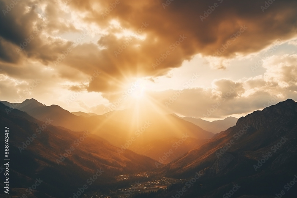 a cloudy sky is moving over a mountain, in the style of sunrays shine upon it - obrazy, fototapety, plakaty 