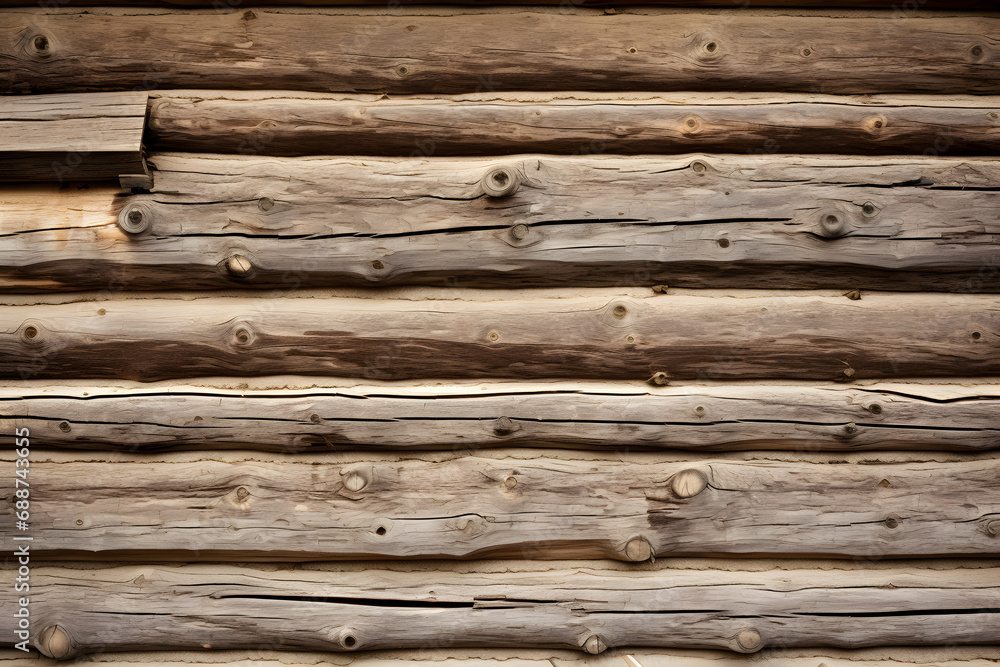 Horizontal wooden logs with knots lined up on wall Horizontal wooden logs with knots lined up on wall