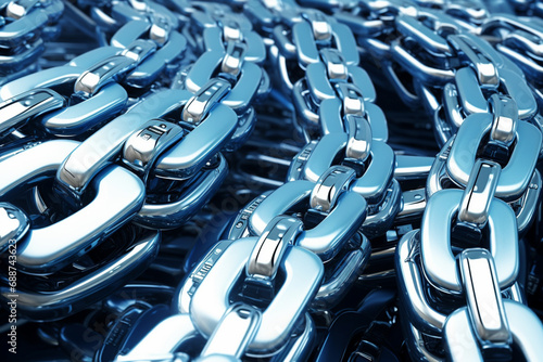 chain from rays of light on an blue futuristic background, in the style of dark cyan and silver