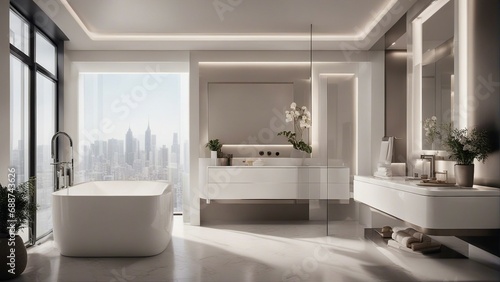 hotel bathroom, white glossy color, interior design