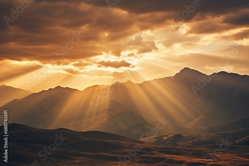 a cloudy sky is moving over a mountain, in the style of sunrays shine upon it