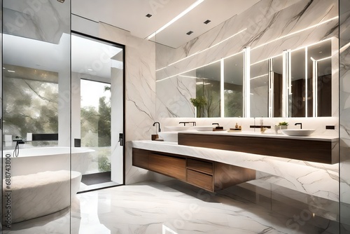 A serene bathroom showcasing floor-to-ceiling marble tiles  a floating vanity  and soft LED lighting