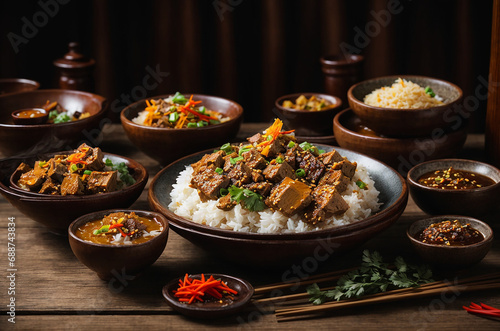 Chinese Culinary Food on a Rustic Wooden Table
