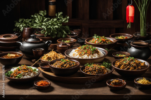 Varied Chinese Food Arranged on a Wooden Surface