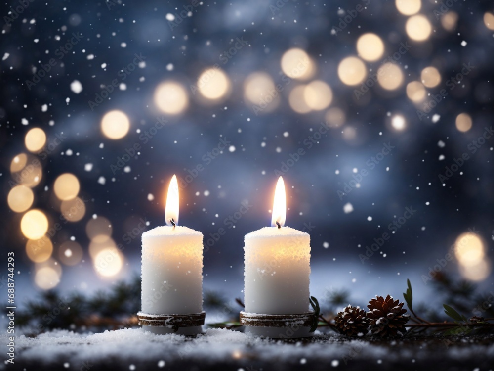 Candles in the snow with snowfall and bokeh night lights background Candles in the snow with snowfall and bokeh night lights background