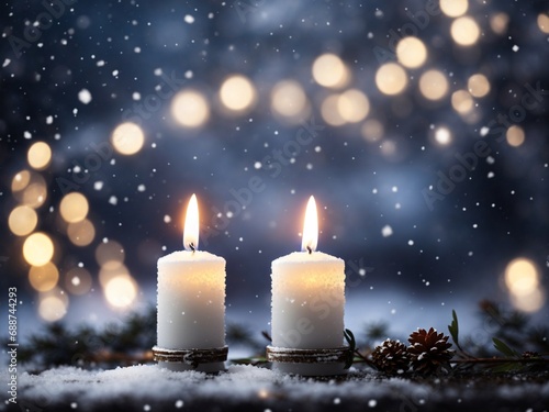 Candles in the snow with snowfall and bokeh night lights background