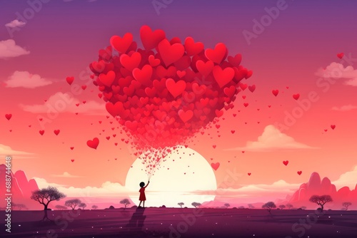 Illustration, cartoon, big heart made of balloons, Romantic love Wallpaper. Valentine's day card