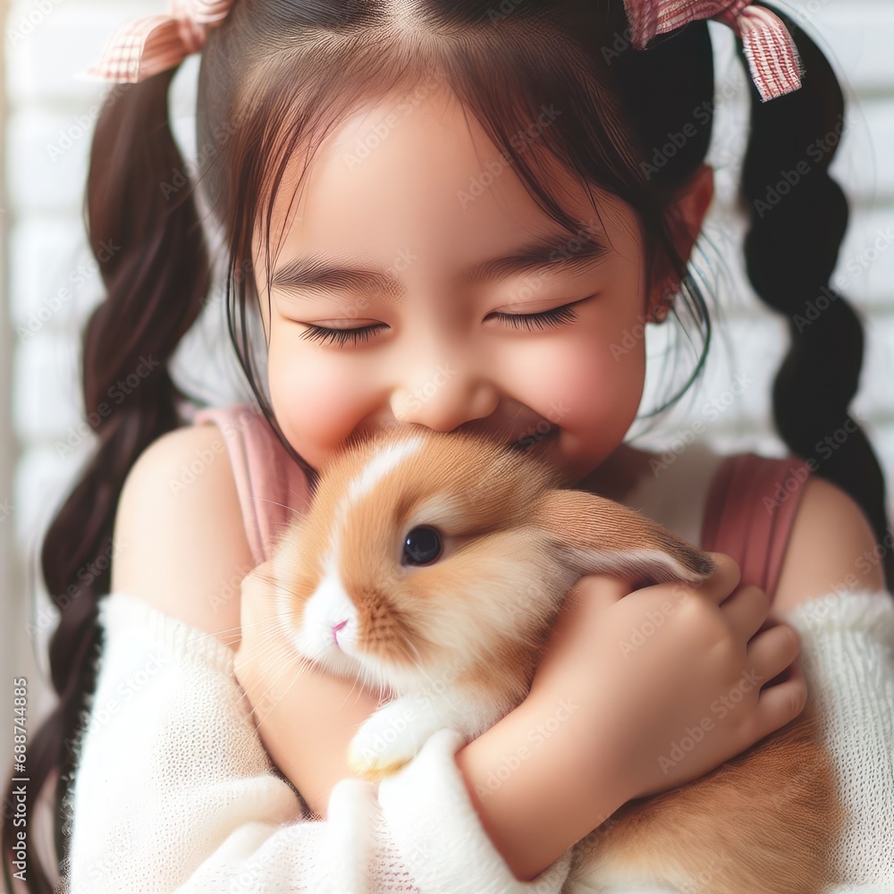Beautiful young smiling girl is hugging a little grey rabbit; child and rabbit Beautiful young smiling girl is hugging a little grey rabbit; child and rabbit
