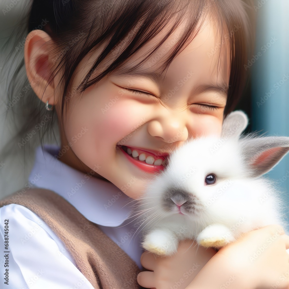 Beautiful young smiling girl is hugging a little grey rabbit; child and rabbit Beautiful young smiling girl is hugging a little grey rabbit; child and rabbit