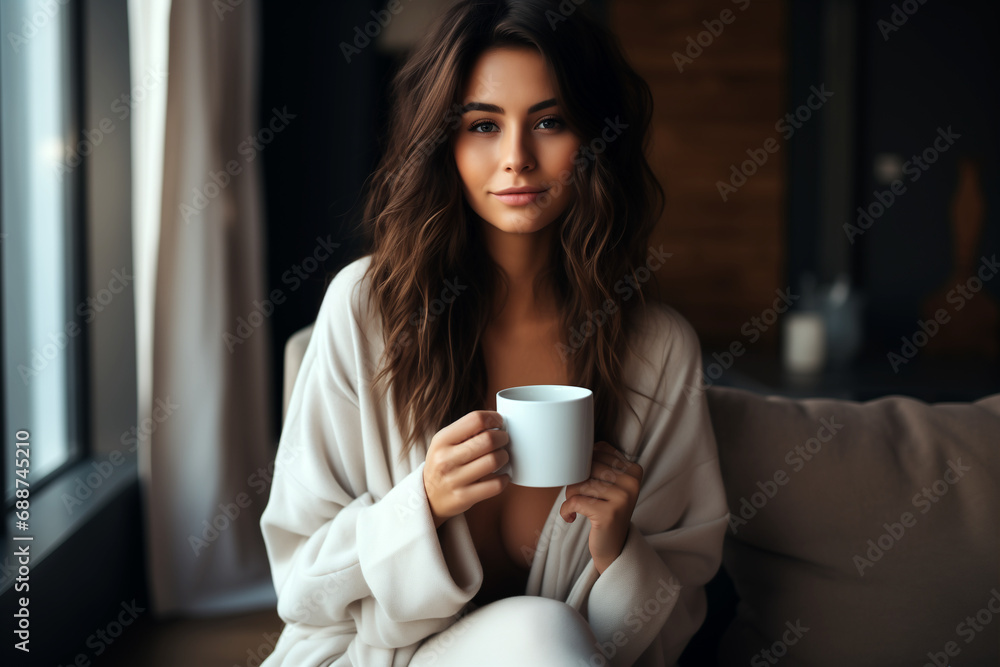 woman drinking hot coffee at morning, wearing a white bath robe.  - obrazy, fototapety, plakaty 