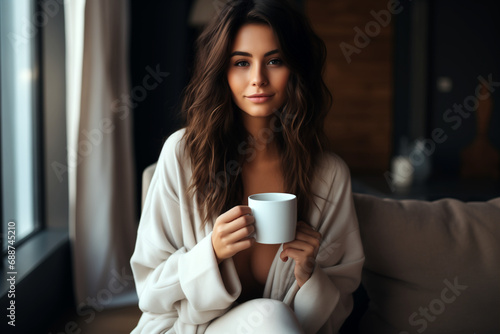 woman drinking hot coffee at morning, wearing a white bath robe. 