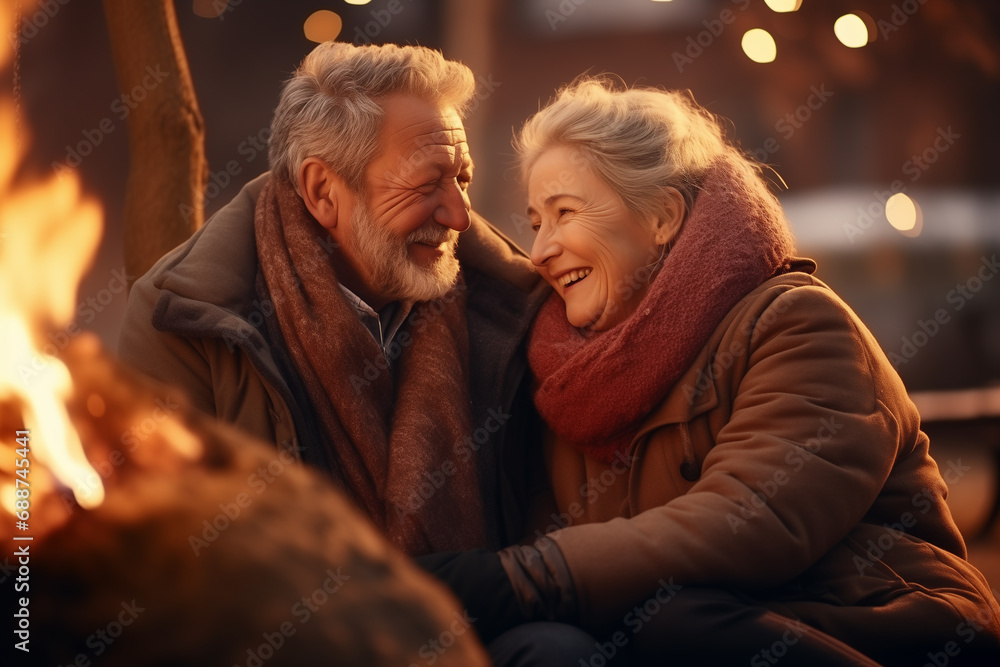 Elderly senior couple wearing warm winter clothes and sitting on a fireplace in winter outdoor. Happy and satisfied couple enjoy the moment. 