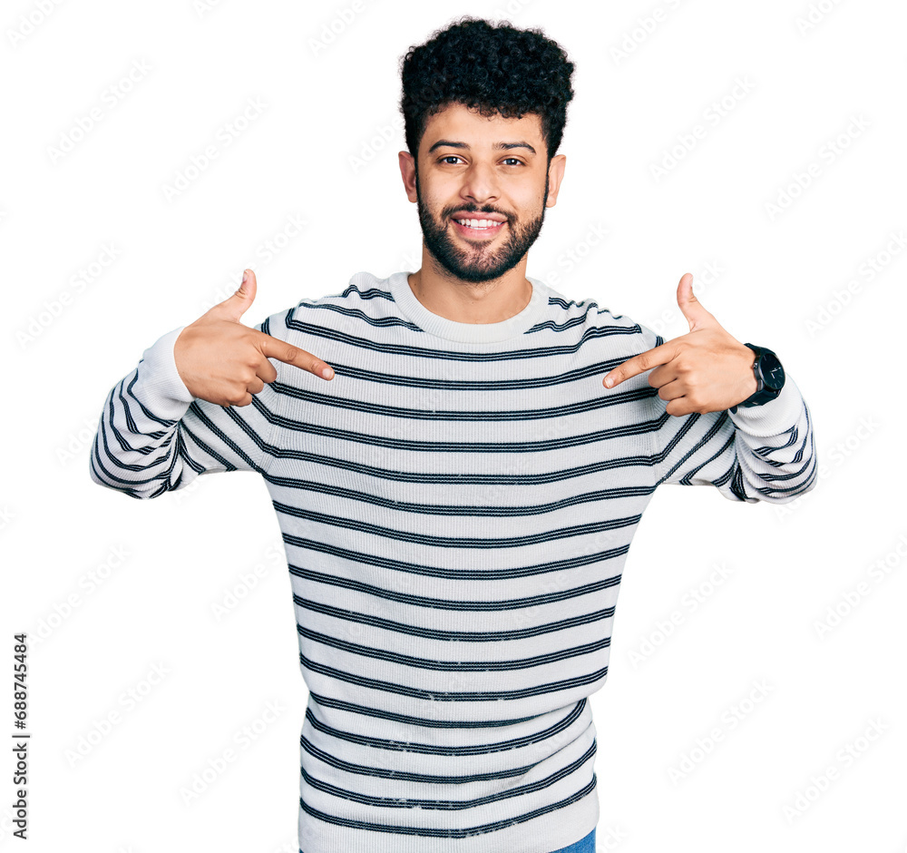 Young arab man with beard wearing casual striped sweater looking confident with smile on face, pointing oneself with fingers proud and happy. Young arab man with beard wearing casual striped sweater looking confident with smile on face, pointing oneself with fingers proud and happy.