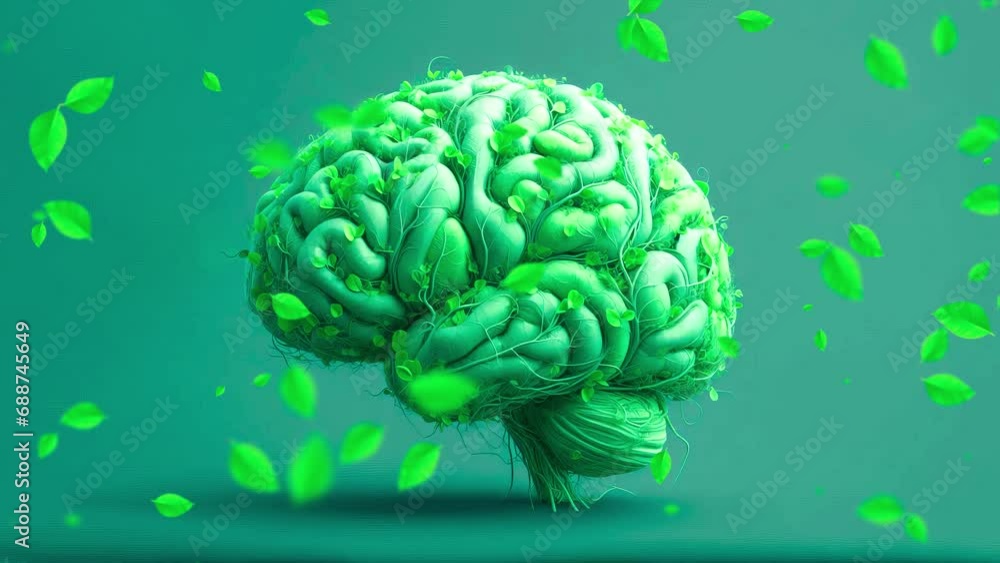 Green health, ecology, and clean, flying leafs in slow motion on a soft background (4K) with a human brain Green health, ecology, and clean, flying leafs in slow motion on a soft background (4K) with a human brain