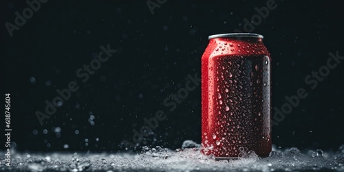 Cold can stands against red, droplets hinting at a frosty touch