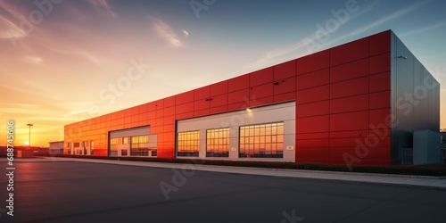 Modern warehouse bathed in the glow of the setting sun.