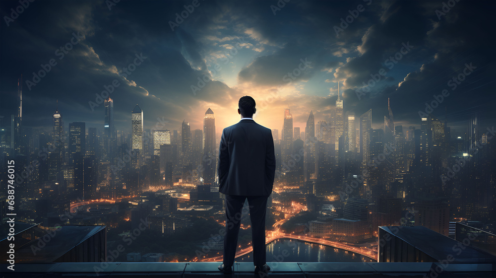 Fototapeta premium Visionary Businessman Gazing at Futuristic Cityscape Projection on Office Wall - Innovation and Future Concept