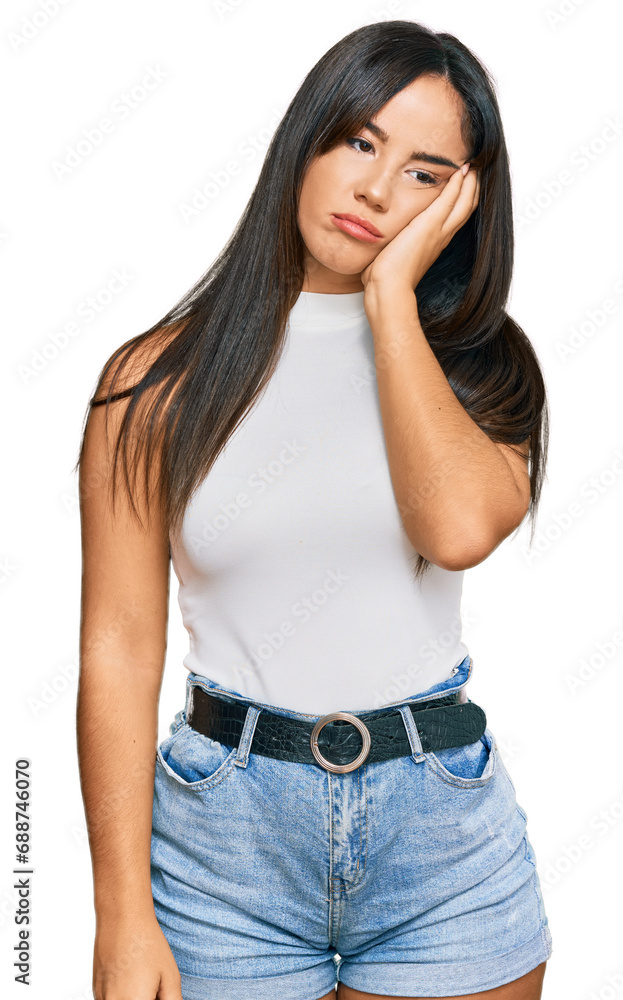 Young beautiful hispanic girl wearing casual clothes thinking looking tired and bored with depression problems with crossed arms. Young beautiful hispanic girl wearing casual clothes thinking looking tired and bored with depression problems with crossed arms.