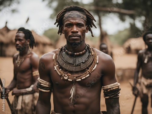 portrait of candid African male tribe with cultural tattoos make-up, cosmetics and wooden stone spear 