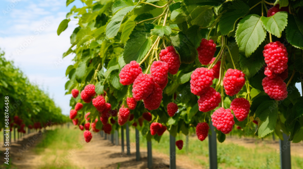 Fresh And juicy red raspberry on tree branch