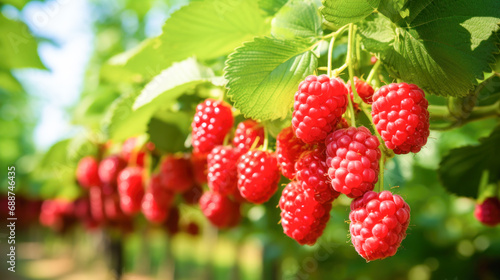 Fresh And juicy red raspberry on tree branch